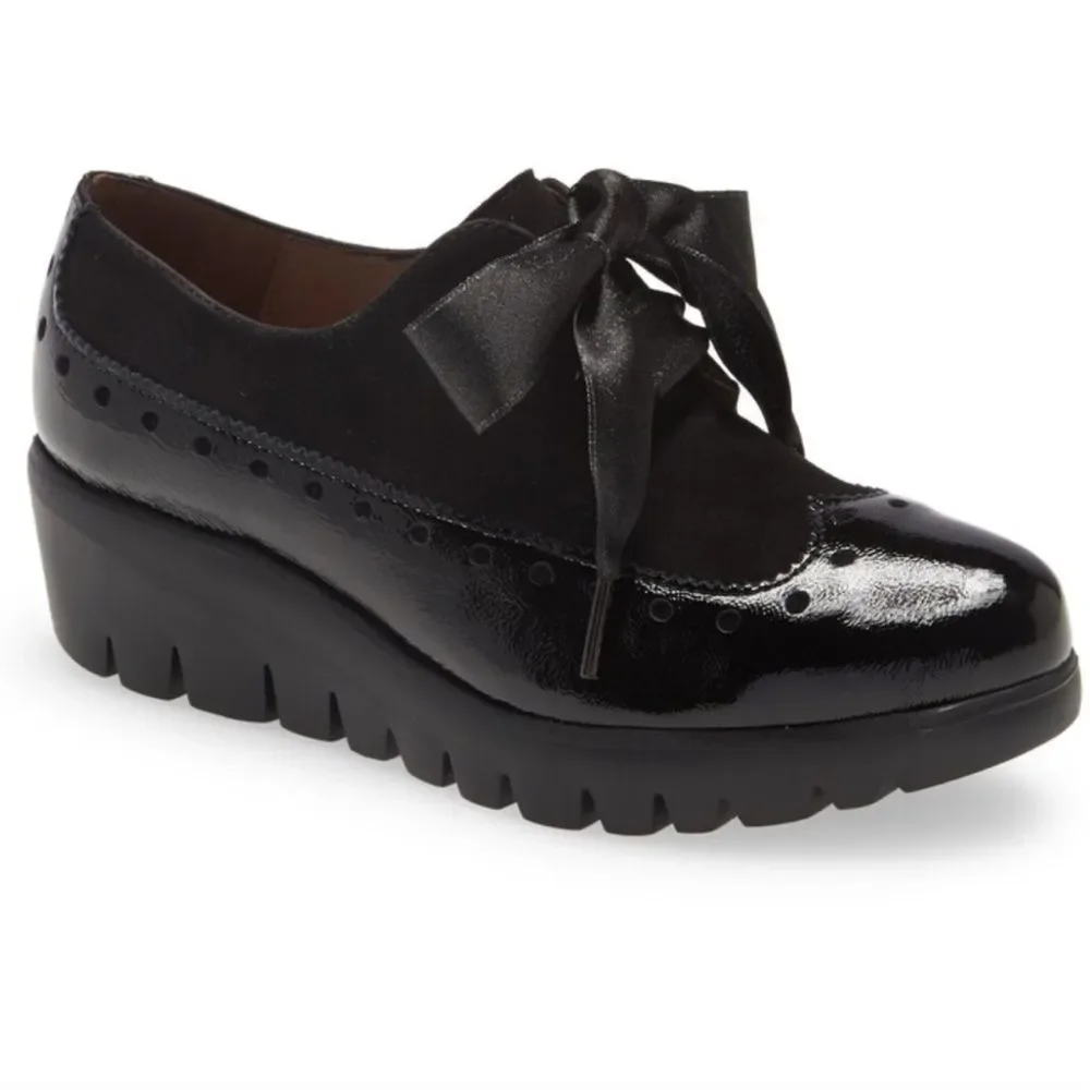 WONDERS Ribbon Lace Derby Wedge Leather Loafers In Nero 39